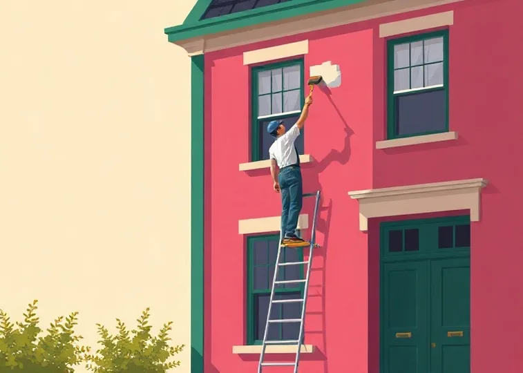 Peintre sur échafaudage traitant la façade d'une maison